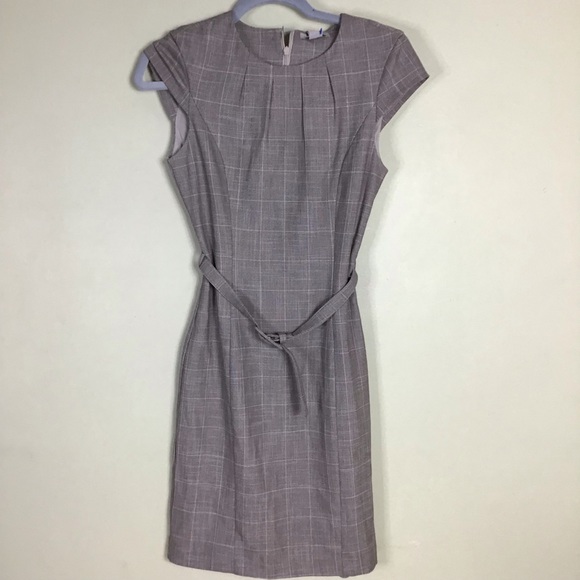 H&M Sheath Dress Women XS Taupe Windowpane Plaid Knee Length Cap Sleeves - Picture 2 of 8